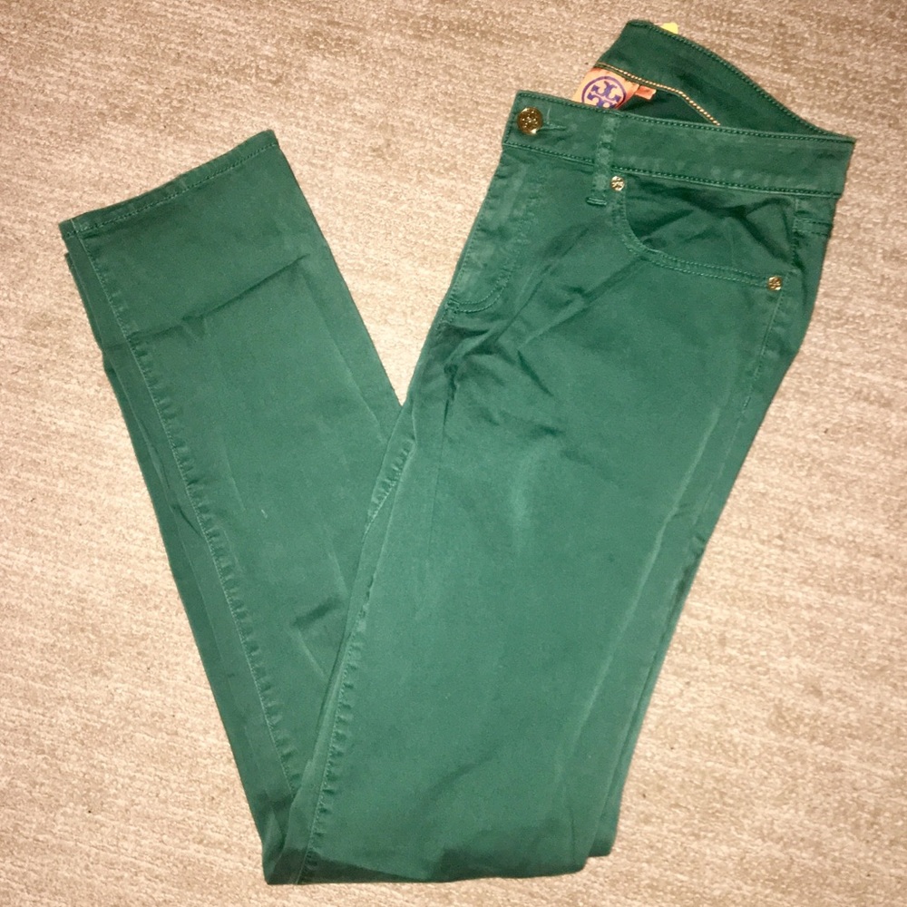 Tory Burch green skinny jeans